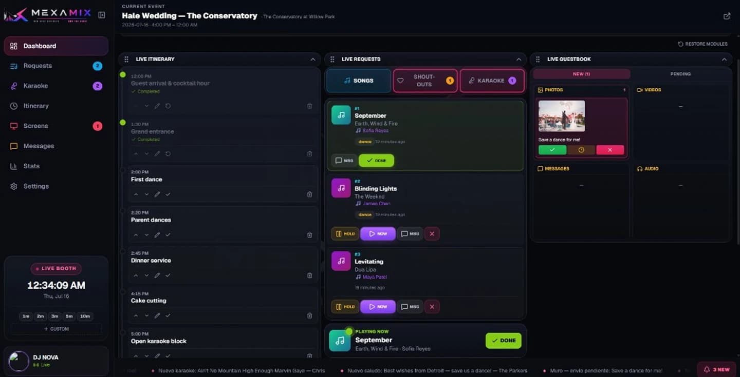 Live booth cockpit with queues and live event controls