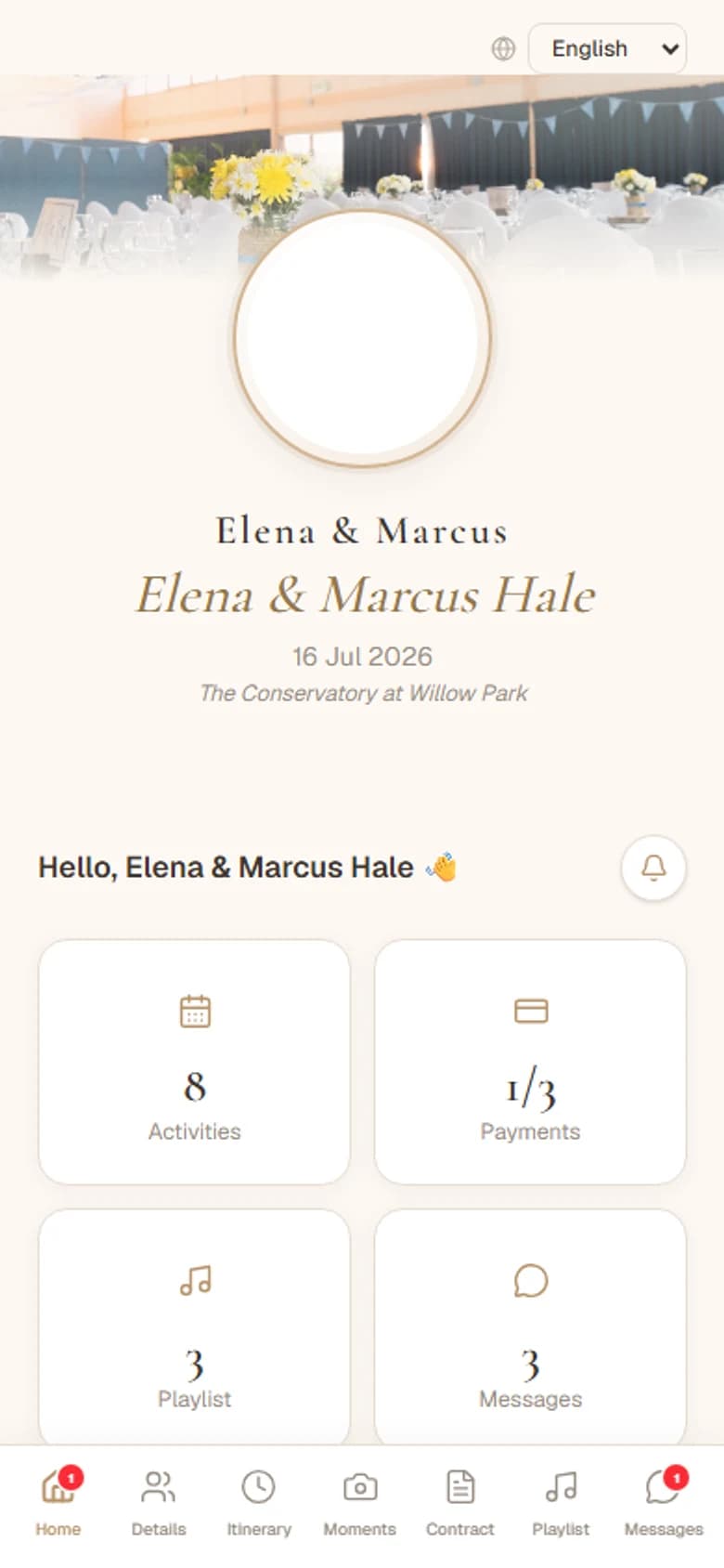 Private client portal with itinerary, music brief, and payments