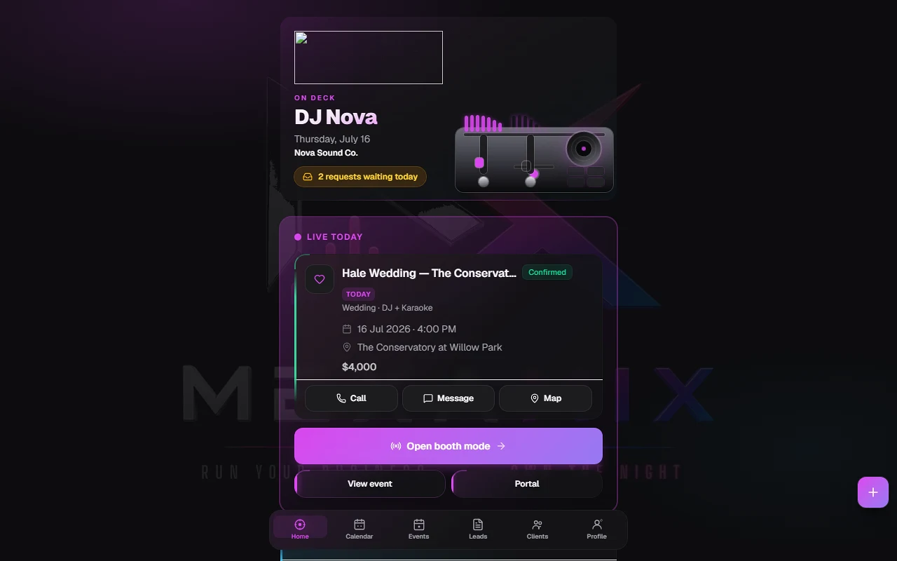 Mexamix dashboard with calendar and upcoming gigs