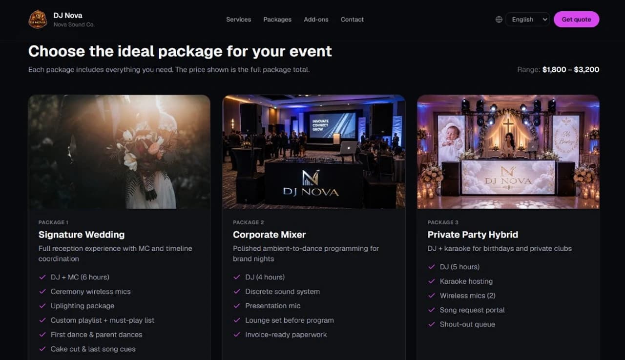 Public landing packages section with pricing